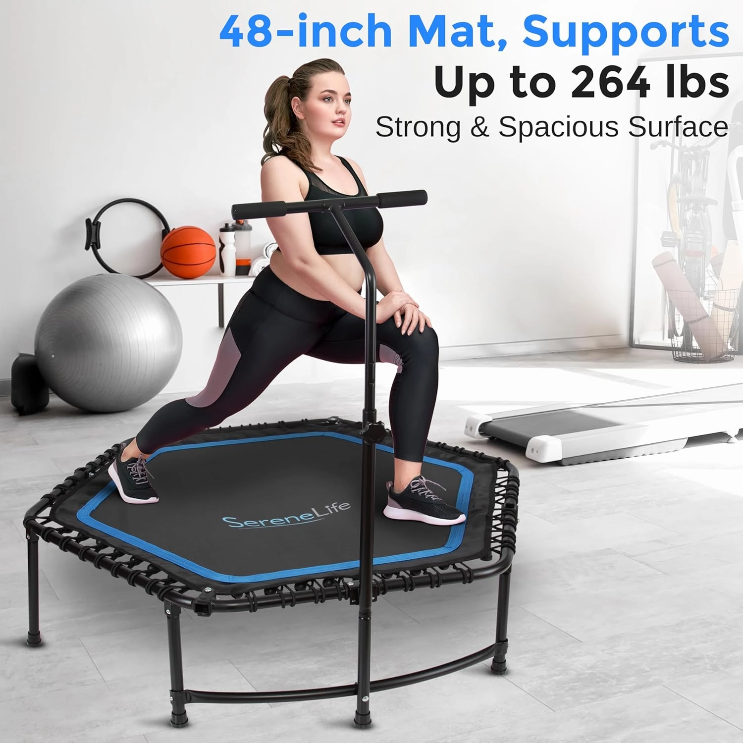 SereneLife 40"/48" Foldable Mini Trampoline for Adults - Compact Fitness Rebounder with Reinforced Bungees & Adjustable Safety Handle - Stable & Quiet Indoor/Outdoor Exercise Equipment, 264 lbs Load