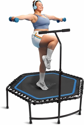 SereneLife 40"/48" Foldable Mini Trampoline for Adults - Compact Fitness Rebounder with Reinforced Bungees & Adjustable Safety Handle - Stable & Quiet Indoor/Outdoor Exercise Equipment, 264 lbs Load