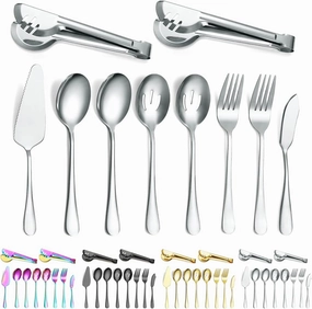 Serving Spoons, Kyraton Stainless Steel Serving Utensils Include 2 Serving Spoons, 2 Slotted Serving Spoons, 2 Serving Forks, 1 Cake Server, 1 Butter Knife Spreaders,2 Serving Tongs,Dishwasher Safe