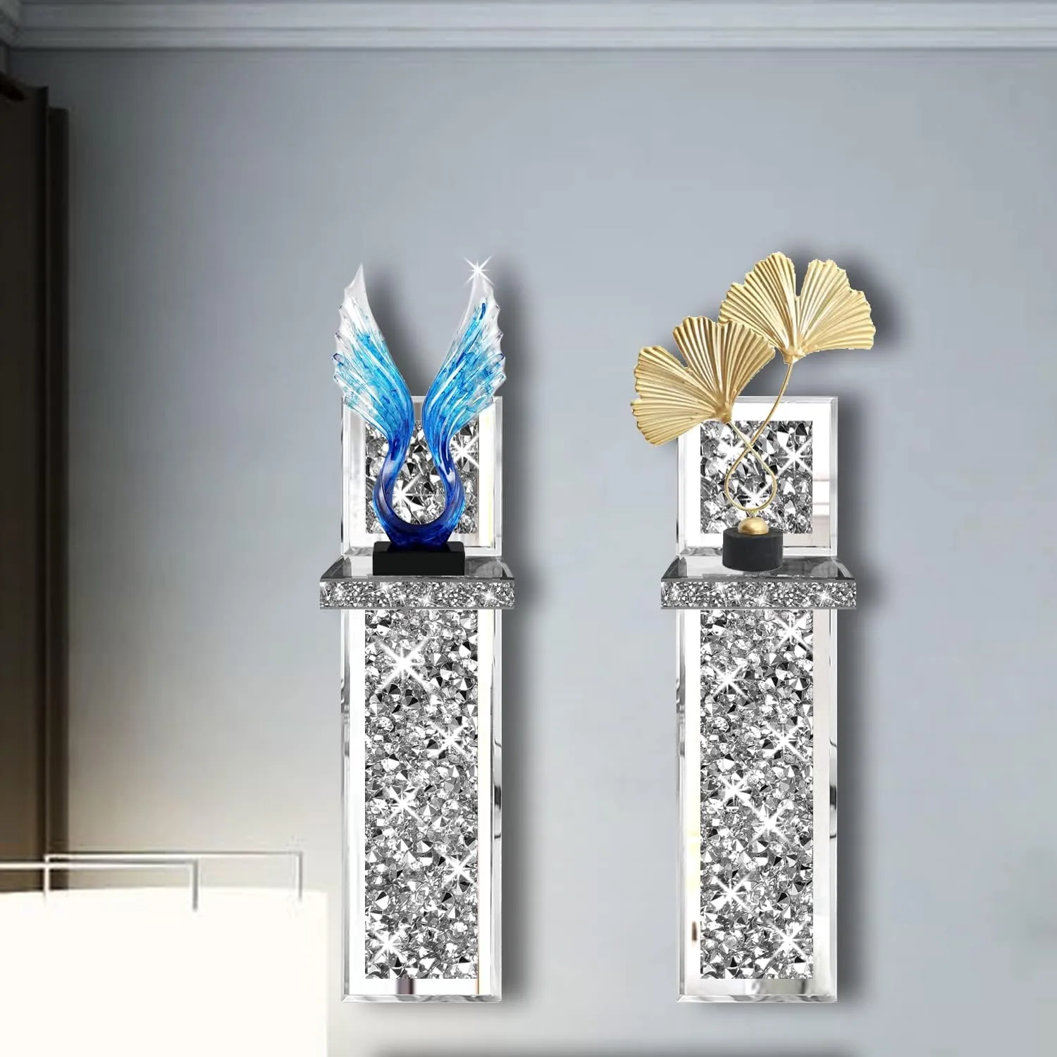 Set of 2 Crystal Crush Diamond Candle Sconces, Gorgeous Silver Mirrored Wall Sconce, Candle Holder Glass Wall Decorations for Home Décor, Living Room, Dining Room.