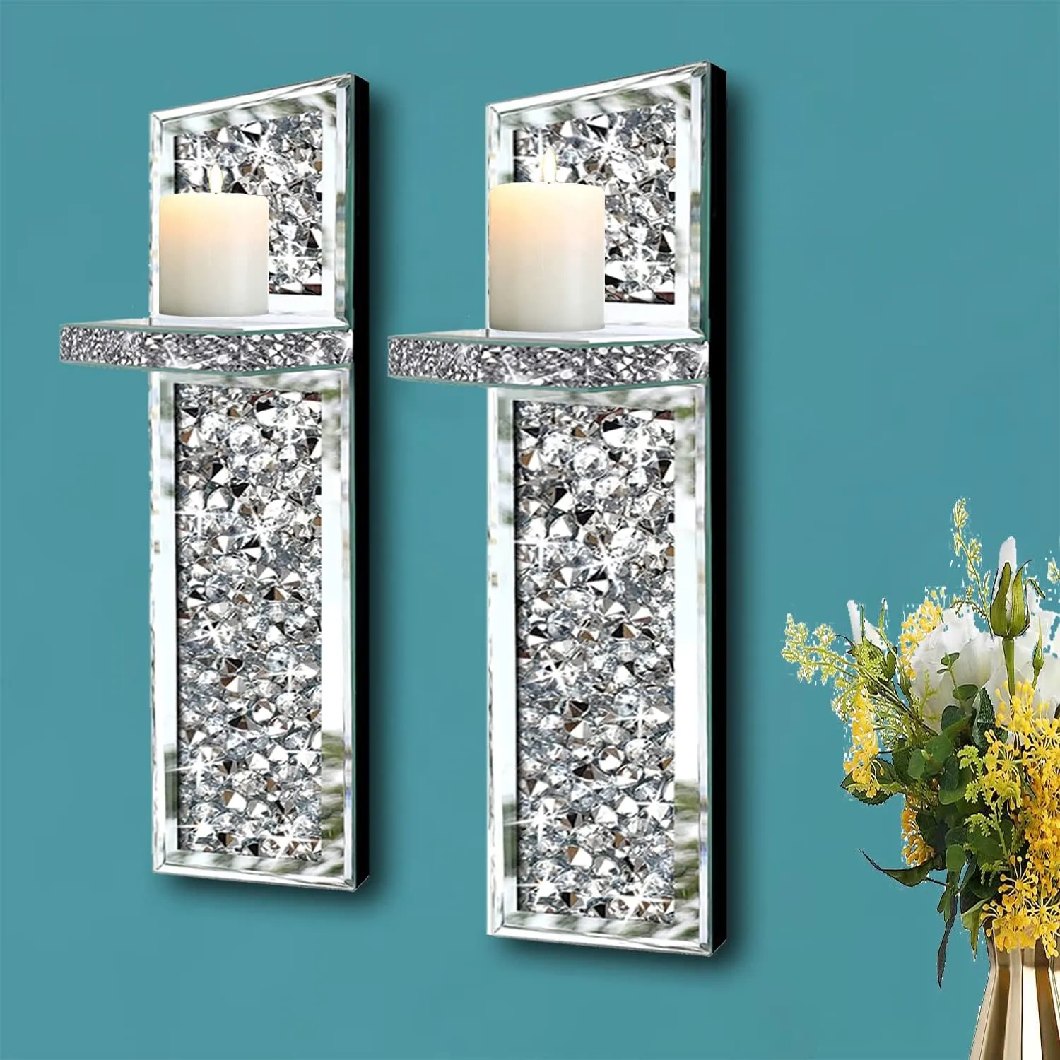 Set of 2 Crystal Crush Diamond Candle Sconces, Gorgeous Silver Mirrored Wall Sconce, Candle Holder Glass Wall Decorations for Home Décor, Living Room, Dining Room.