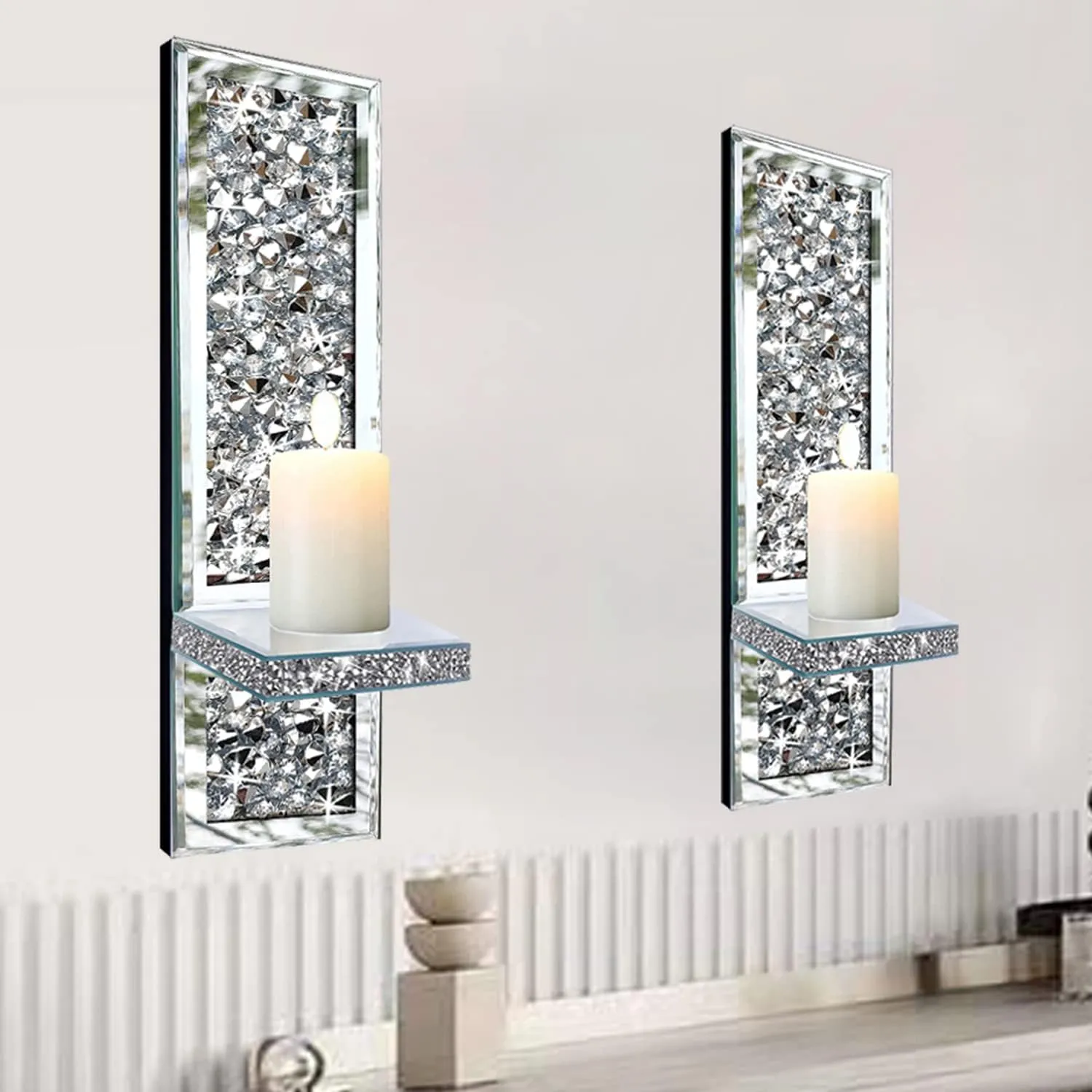 Set of 2 Crystal Crush Diamond Candle Sconces, Gorgeous Silver Mirrored Wall Sconce, Candle Holder Glass Wall Decorations for Home Décor, Living Room, Dining Room.