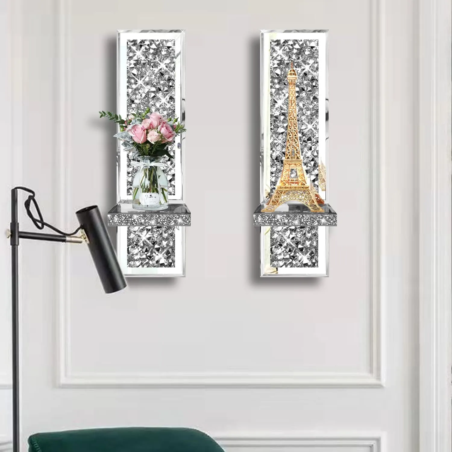 Set of 2 Crystal Crush Diamond Candle Sconces, Gorgeous Silver Mirrored Wall Sconce, Candle Holder Glass Wall Decorations for Home Décor, Living Room, Dining Room.