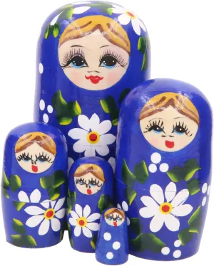 Set of 5 Blue Blonde Girl with White Flower Wooden Nesting Dolls Matryoshka Russian Doll Handmade Stacking Toys Kids Gifts for Christmas New Year Home Decoration