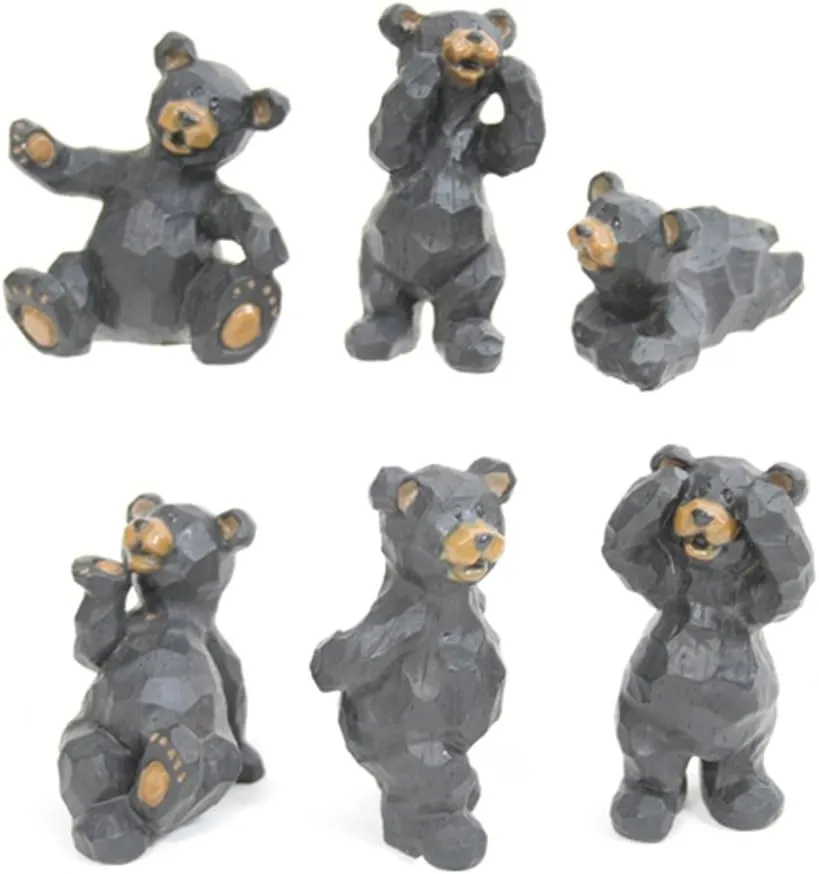 Set of 6 Black Bear Poses Resin Crafted Tabletop Figurines