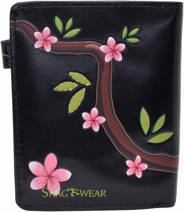 Shag Wear Women's PU Vegan Leather Colorful Slim Trendy Small Bifold Wallet with 4 Credit Card Slots, 1 Zippered Coin Pocket, and Clear ID Window (Bird, Black)