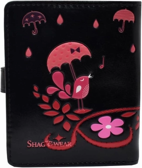 Shag Wear Women's PU Vegan Leather Colorful Slim Trendy Small Bifold Wallet with 4 Credit Card Slots, 1 Zippered Coin Pocket, and Clear ID Window (Bird, Black)