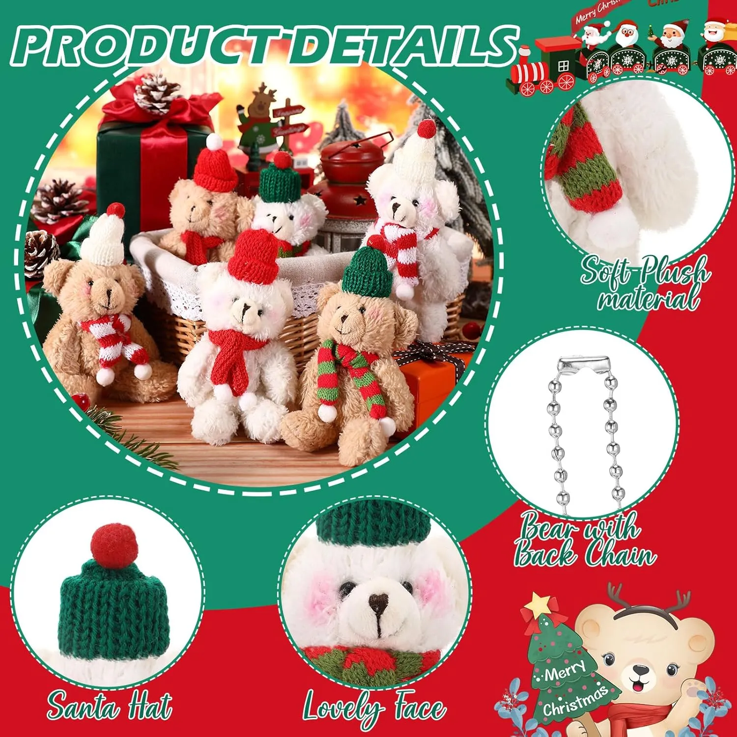 Shappy 12 Pcs Christmas Mini Stuffed Bears Bulk Small Stuffed Animals Keychain 6 Inch Plush Bear with Scarf Hat Tiny Doll for Birthday Christmas Party Decorations Craft(Cute)