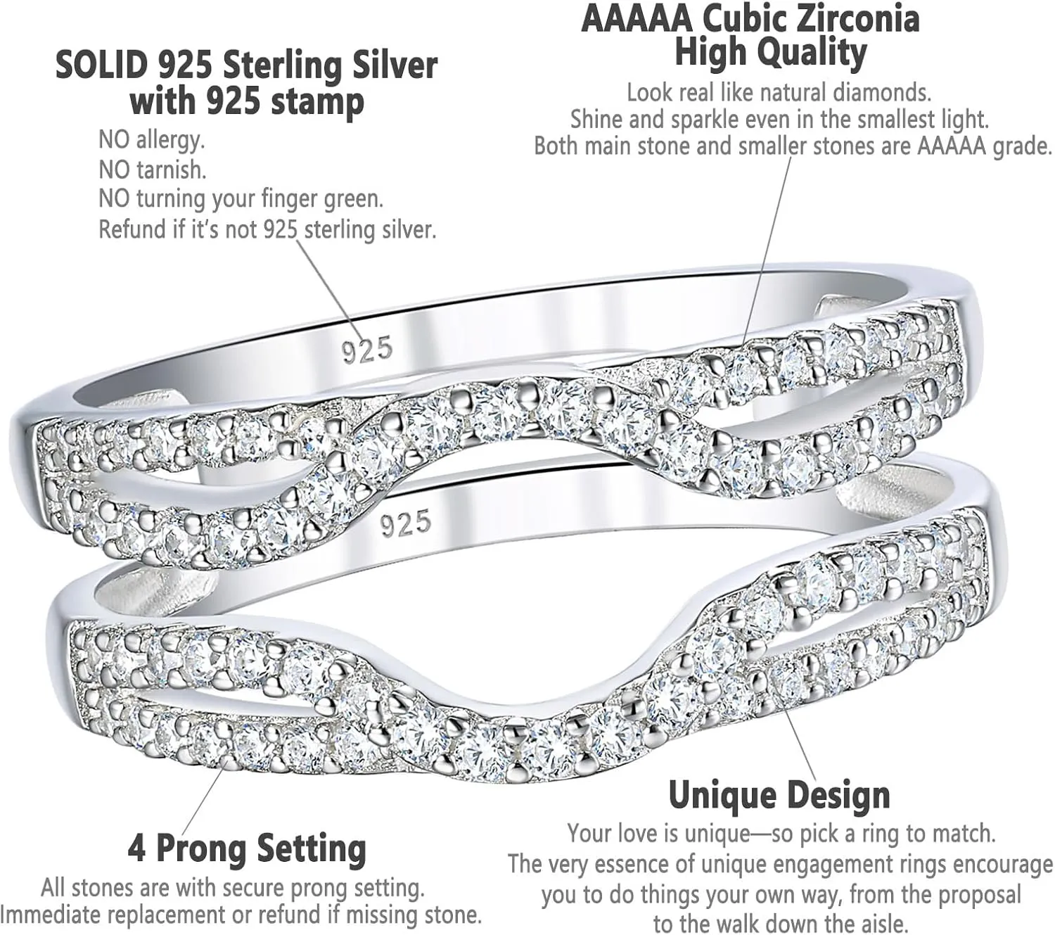 SHELOVES Womens 925 Sterling Silver Engagement Ring Enhancer Round White AAAAA CZ Infinity Wrap Guard Rings Sz 4-13