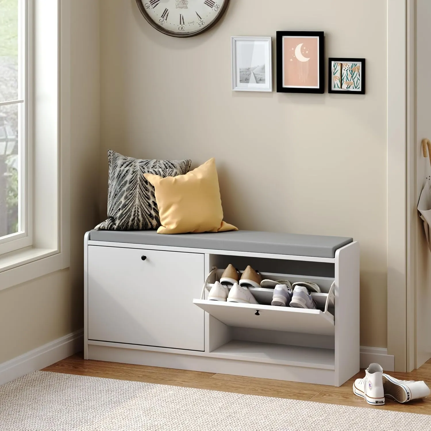 Shoe Bench Entryway with Storage, Shoe Rack Bench Cabinet with Cushion & 2 Barn Doors L 39 inches