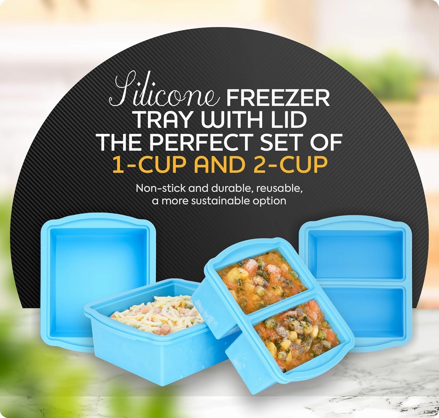 Silicone Freezer Trays with Lids, Set of 4 - with 1cup and 2 cup Silicone Freezer Molds for freezing soups, sauces and individual microwave safe