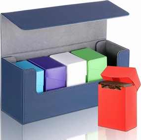 Silkfly 6 Pieces Deck Card Storage Box, 1 Leather Deck Case with 5 Plastic Card Boxes Playing Cards Box Compatible with Mtg Tcg Commander Card(Blue and Gray)