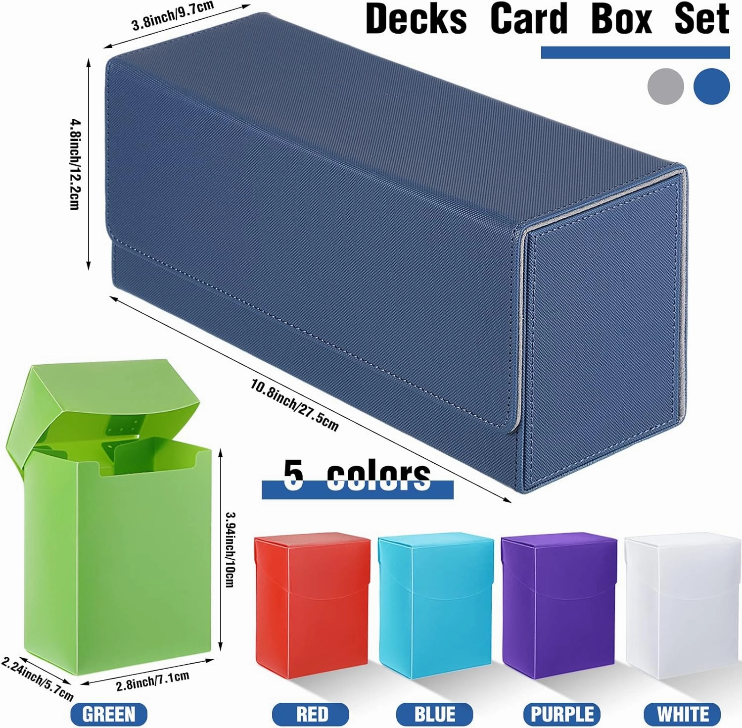 Silkfly 6 Pieces Deck Card Storage Box, 1 Leather Deck Case with 5 Plastic Card Boxes Playing Cards Box Compatible with Mtg Tcg Commander Card(Blue and Gray)