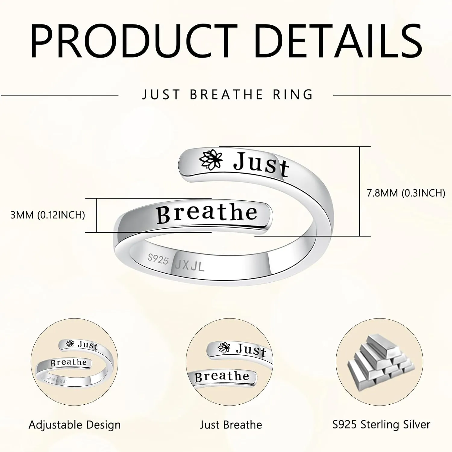 Silver Adjustable Ring Inspirational Jewelry S925 Sterling Wrap Open Ring for Women