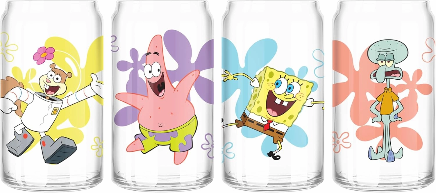 Silver Buffalo Spongebob Patrick Sandy Squidward Flowers 4pc 16oz Can Glass Set