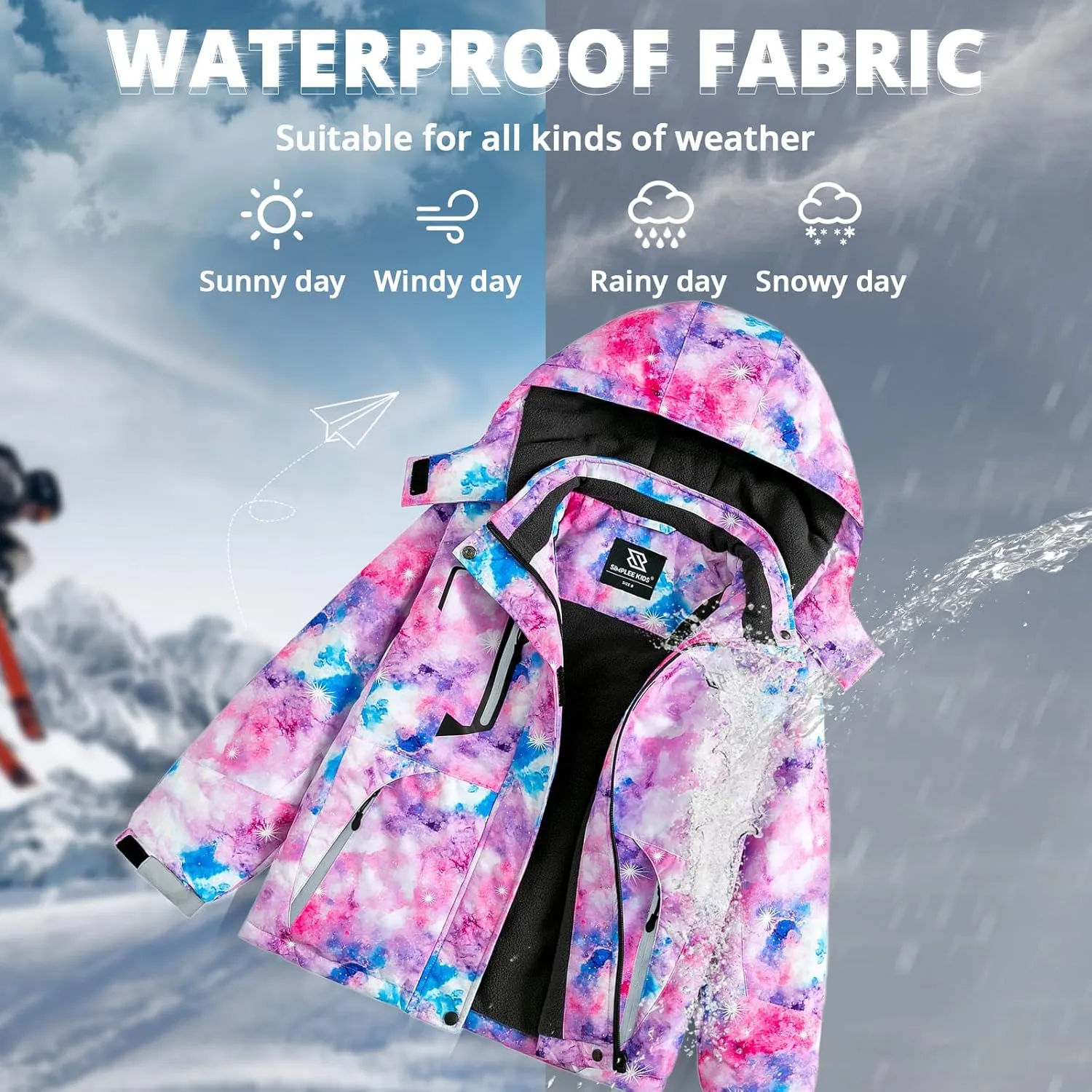 Simplee kids Girls Waterproof Ski Snow Jacket Fleece Raincoat Colorful Winter Coat Warm Hooded