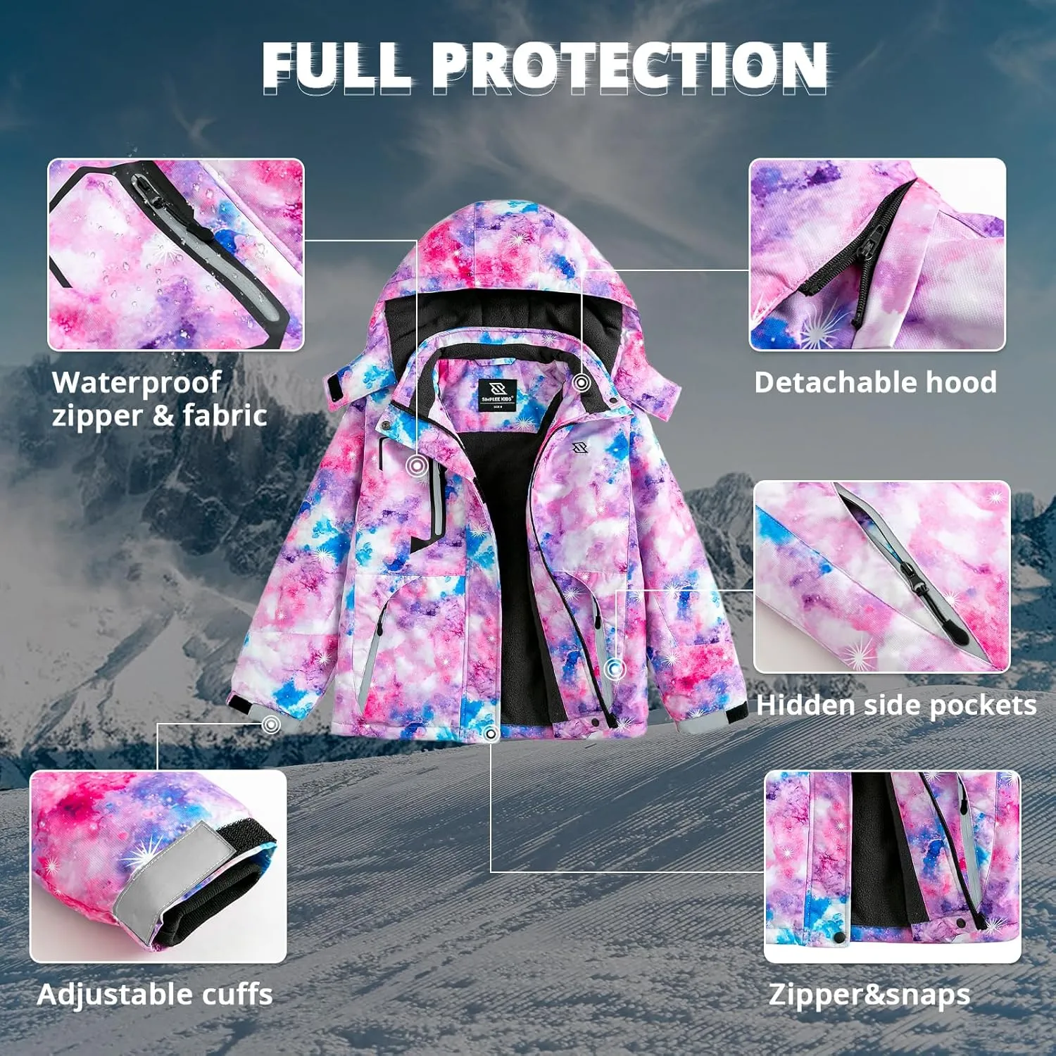 Simplee kids Girls Waterproof Ski Snow Jacket Fleece Raincoat Colorful Winter Coat Warm Hooded