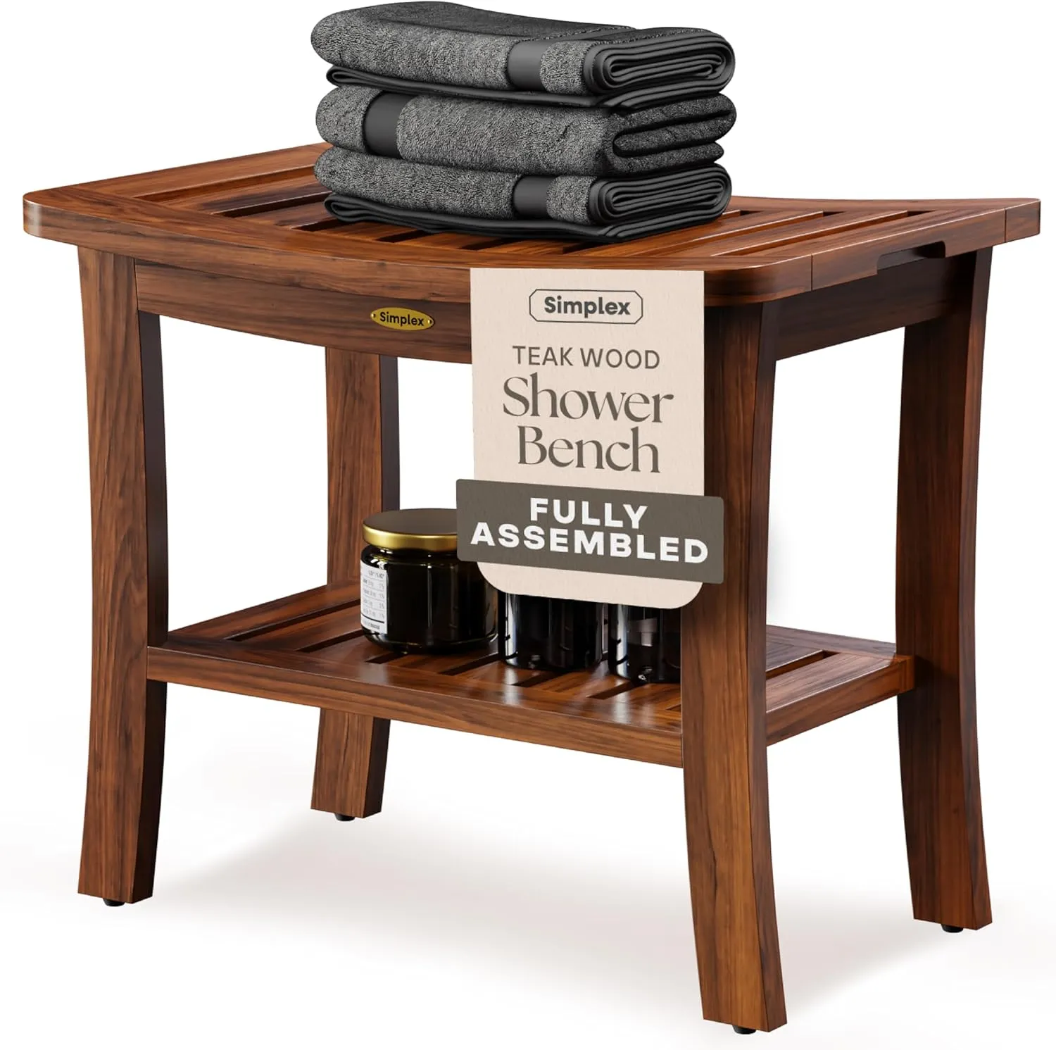 Simplex Teak Shower Bench, Fully Assembled Shower Stool, Water-Resistant Spa Seat, 20.8 Inch Non Slip Shower Bench, Indoor & Outdoor Use