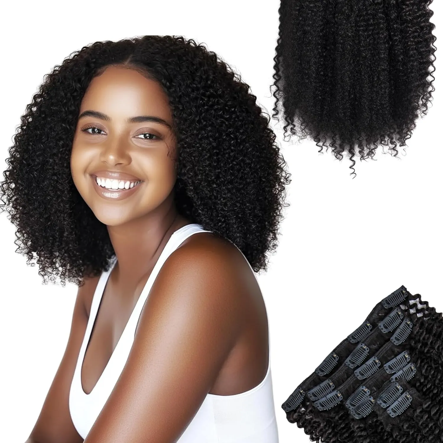 SIYUSI Afro Kinky Curly Clip In Extensions, 4B 4C 100% Brazilian Reamy Human Hair Clip Ins, Invisible & Scalp-Friendly, Natural Black Color, 4.23oz 7pcs (20 Inch)