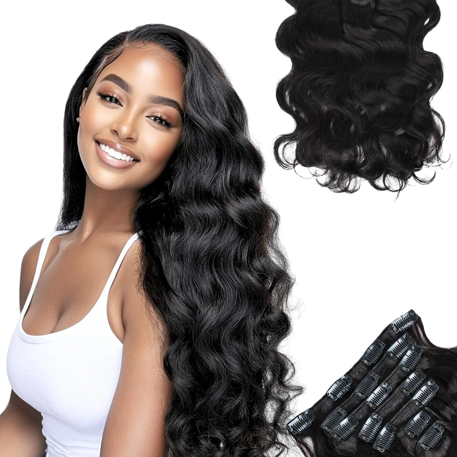 SIYUSI Body Wave Clip In Extensions, Luxurious Thickness, Premium Brazilian Remy Hair Clip Ins, Invisible & Scalp-Friendly, Natural Black Color, 4.23oz, 7Pcs (20 Inch)