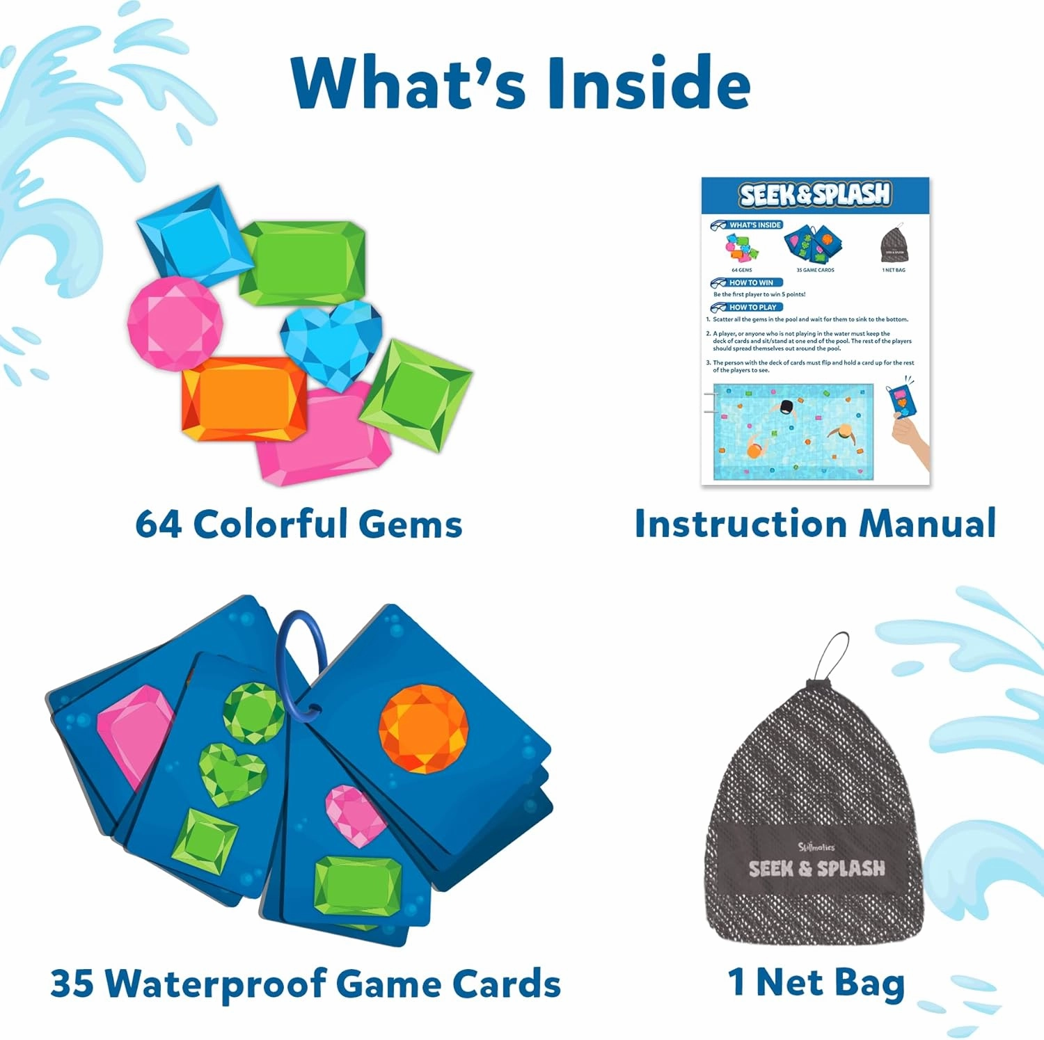 Skillmatics Pool Toys - Seek & Splash, Search & Find Water Game, Swimming Pool Dive Toy for Kids, Summer Fun & Gifts for Boys & Girls Ages 6, 7, 8, 9, 10, 11 & Up, Includes 64 Colorful Gems