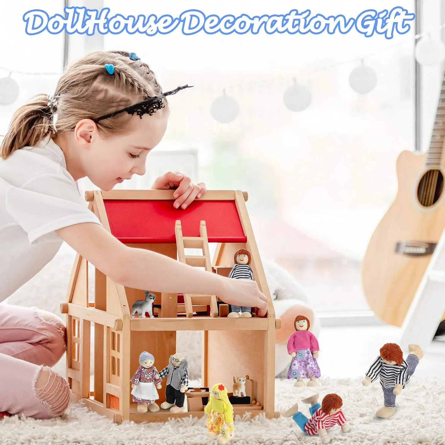 Skylety 10 Pcs Wooden Dollhouse Set of Mini People Figures Dollhouse Dolls Wooden Doll Pretend Play Figures Accessories(Classic Style)