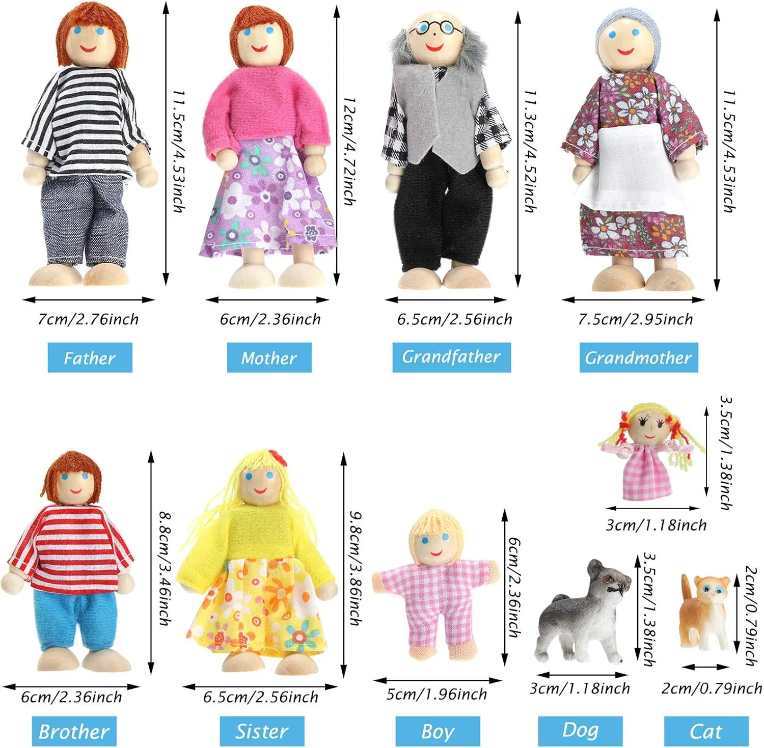 Skylety 10 Pcs Wooden Dollhouse Set of Mini People Figures Dollhouse Dolls Wooden Doll Pretend Play Figures Accessories(Classic Style)