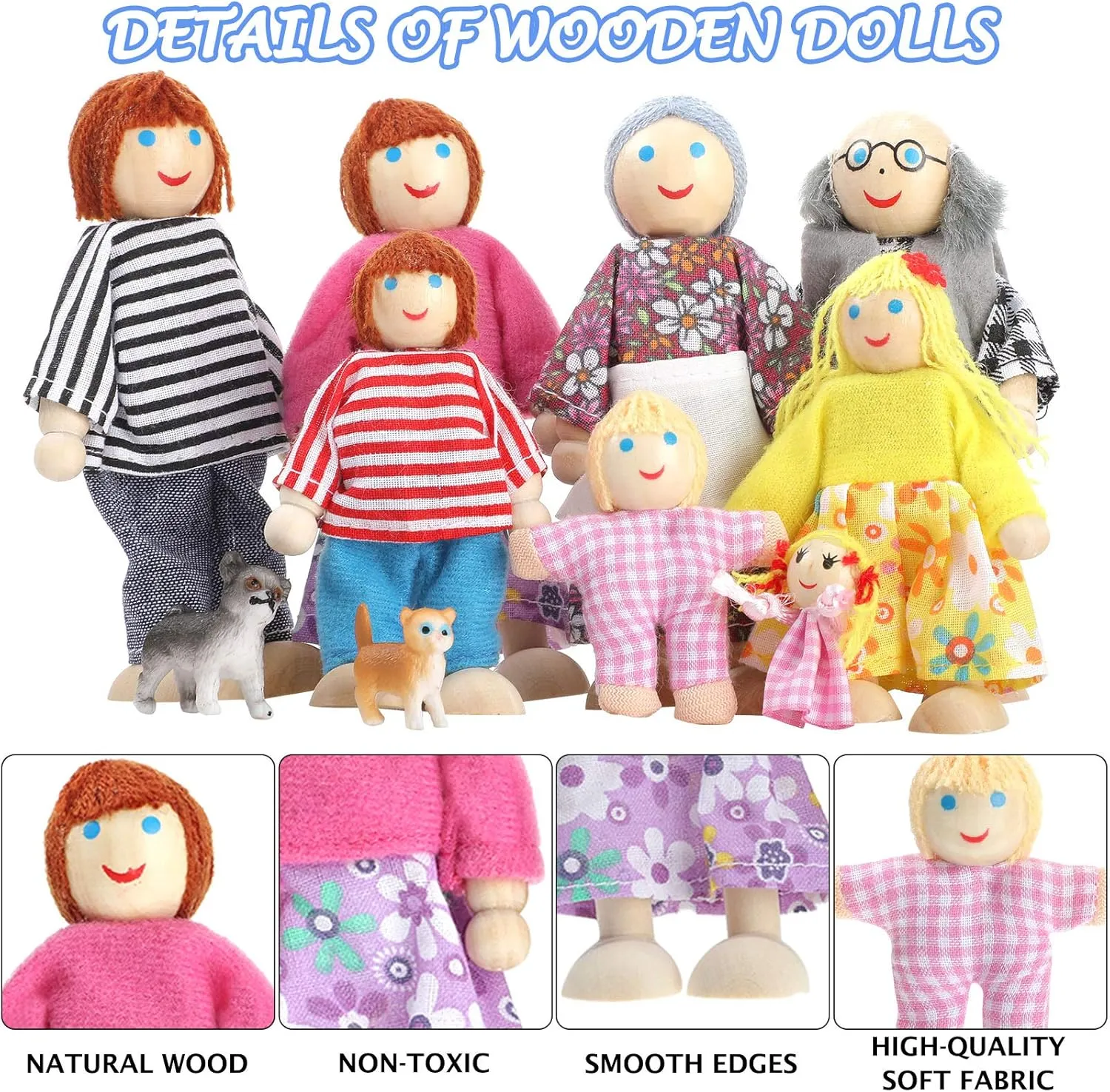 Skylety 10 Pcs Wooden Dollhouse Set of Mini People Figures Dollhouse Dolls Wooden Doll Pretend Play Figures Accessories(Classic Style)