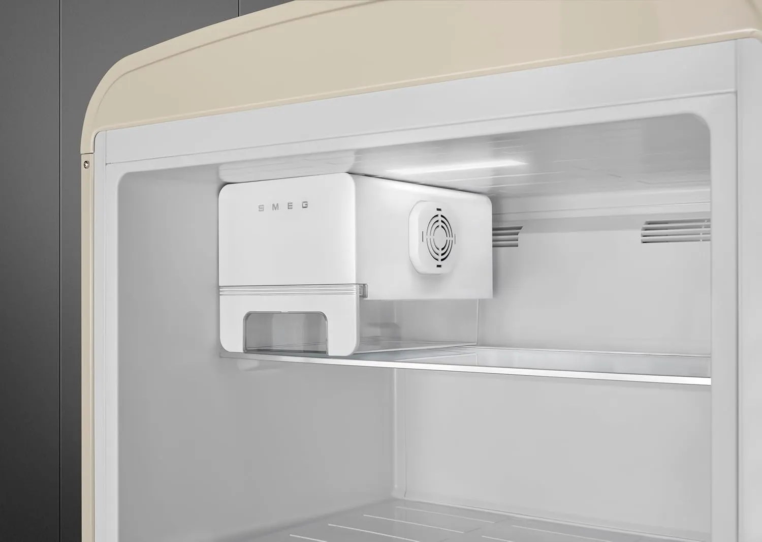 Smeg FAB50 50's Retro Style Aesthetic Top Freezer Refrigerator with Ice Maker 19.28 Cu Total Capacity Multiflow Cooling System Adjustable Glass Shelves Left Hand Hinge Cream Made In Italy