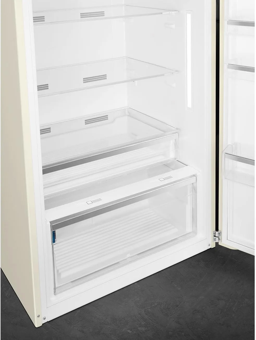 Smeg FAB50 50's Retro Style Aesthetic Top Freezer Refrigerator with Ice Maker 19.28 Cu Total Capacity Multiflow Cooling System Adjustable Glass Shelves Left Hand Hinge Cream Made In Italy