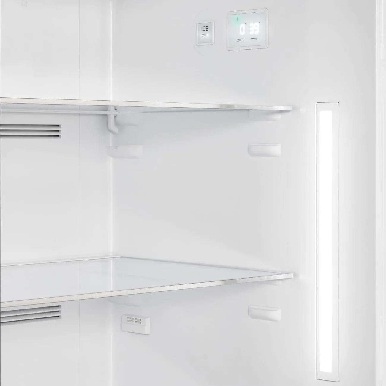 Smeg FAB50 50's Retro Style Aesthetic Top Freezer Refrigerator with Ice Maker 19.28 Cu Total Capacity Multiflow Cooling System Adjustable Glass Shelves Left Hand Hinge Cream Made In Italy