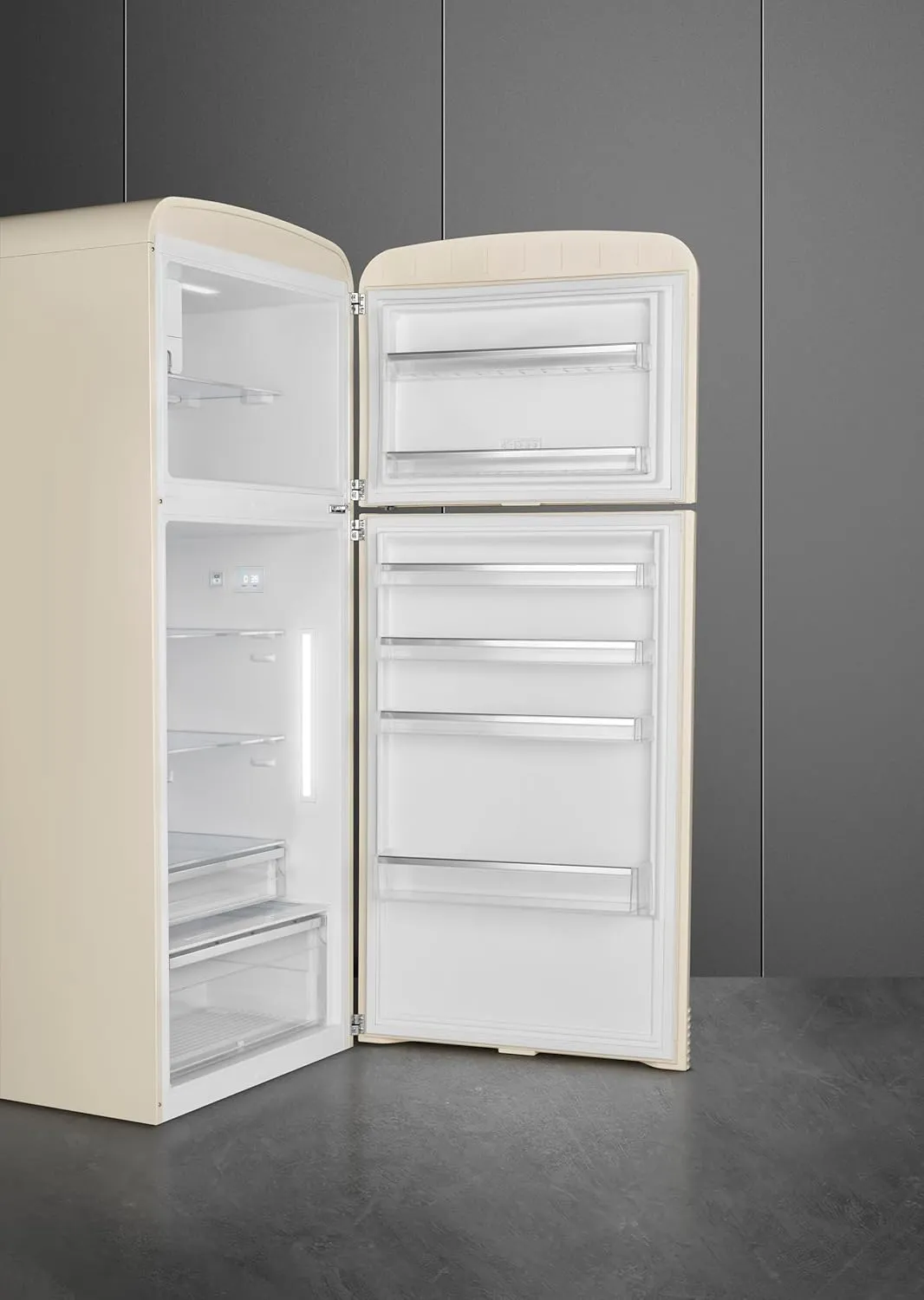 Smeg FAB50 50's Retro Style Aesthetic Top Freezer Refrigerator with Ice Maker 19.28 Cu Total Capacity Multiflow Cooling System Adjustable Glass Shelves Left Hand Hinge Cream Made In Italy