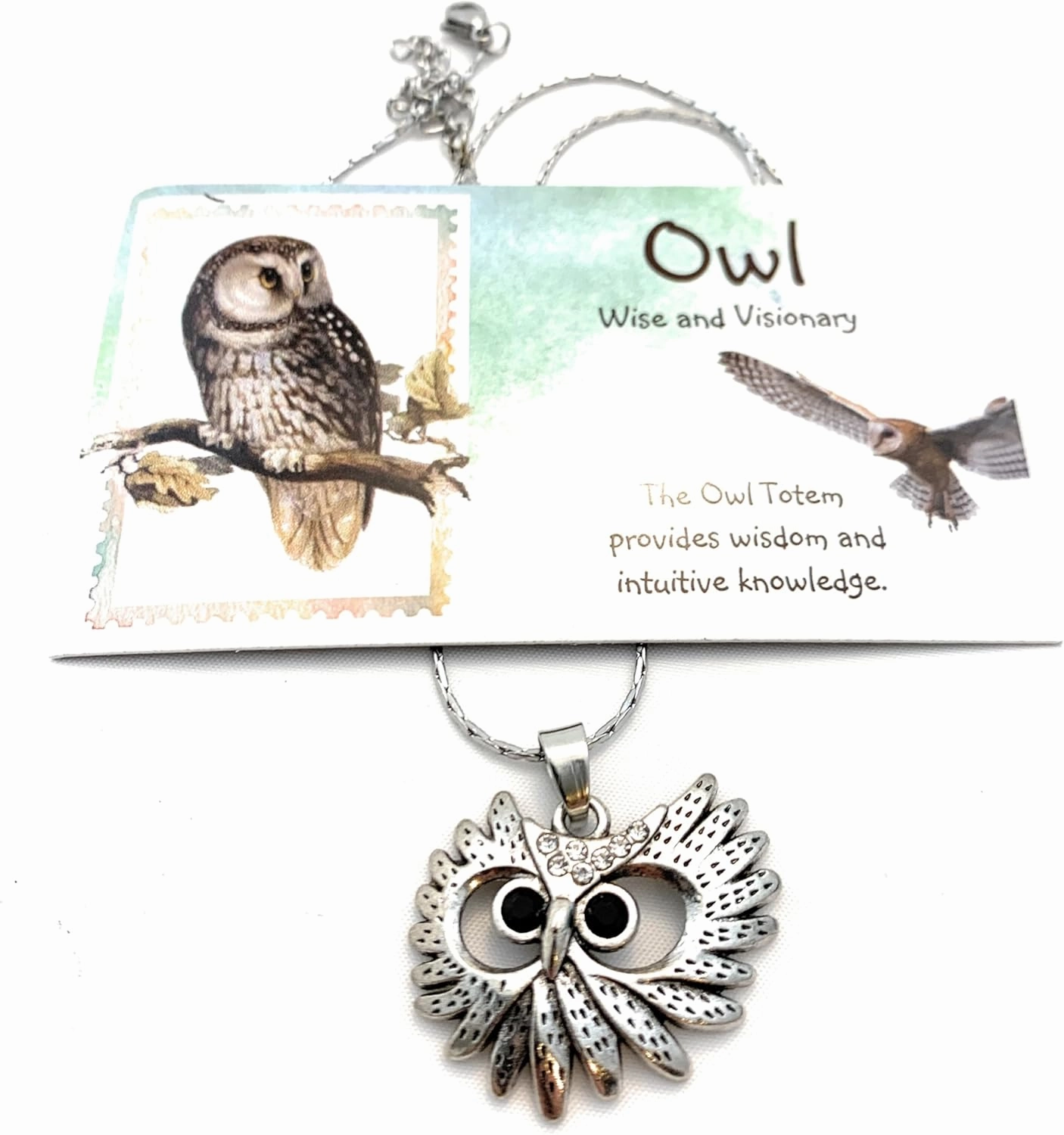 Smiling Wisdom - Owl Animal Wallet Sized Description Card and Necklace Keepsake Gift Set - Teenage Women - Owl Face
