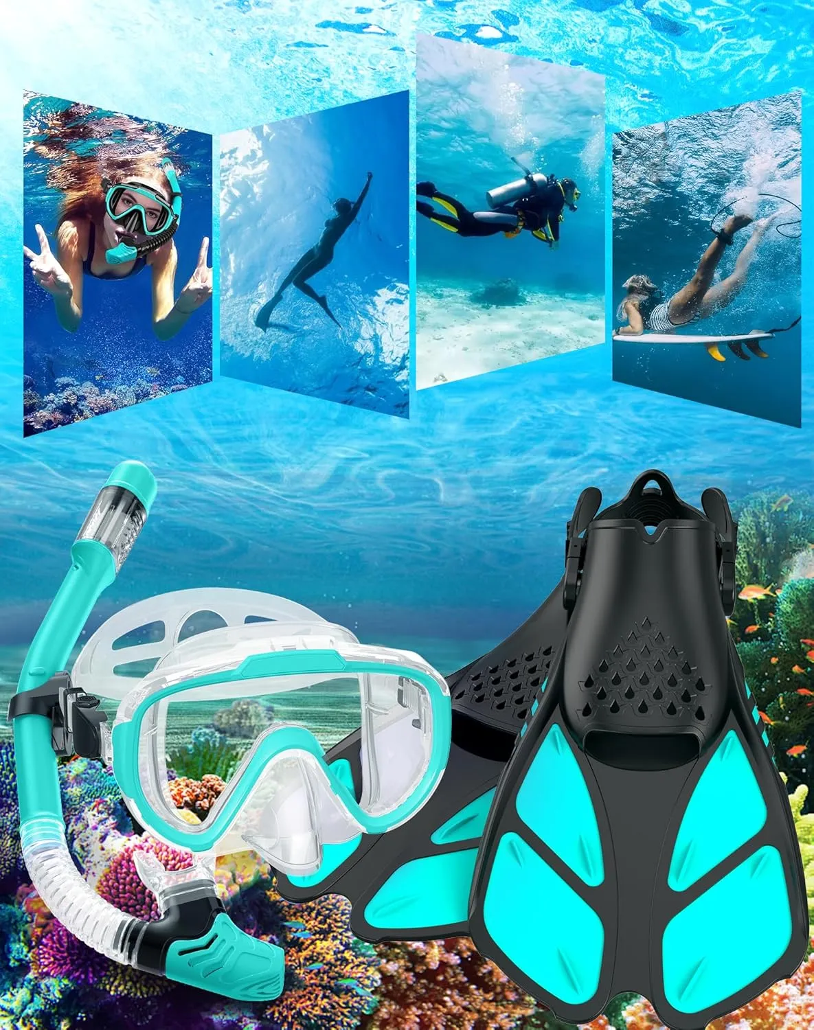 Snorkeling Gear for Adults Men Women,4 in 1 Snorkel Set with Panoramic View Diving Mask Anti-Fog Anti-Leak,Dry Top Snorkel,Fins and Travel Bag for Swimming,Snorkeling and Travel Diving