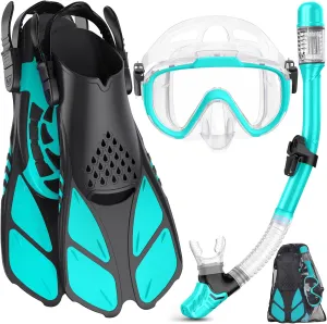 Snorkeling Gear for Adults Men Women,4 in 1 Snorkel Set with Panoramic View Diving Mask Anti-Fog Anti-Leak,Dry Top Snorkel,Fins and Travel Bag for Swimming,Snorkeling and Travel Diving
