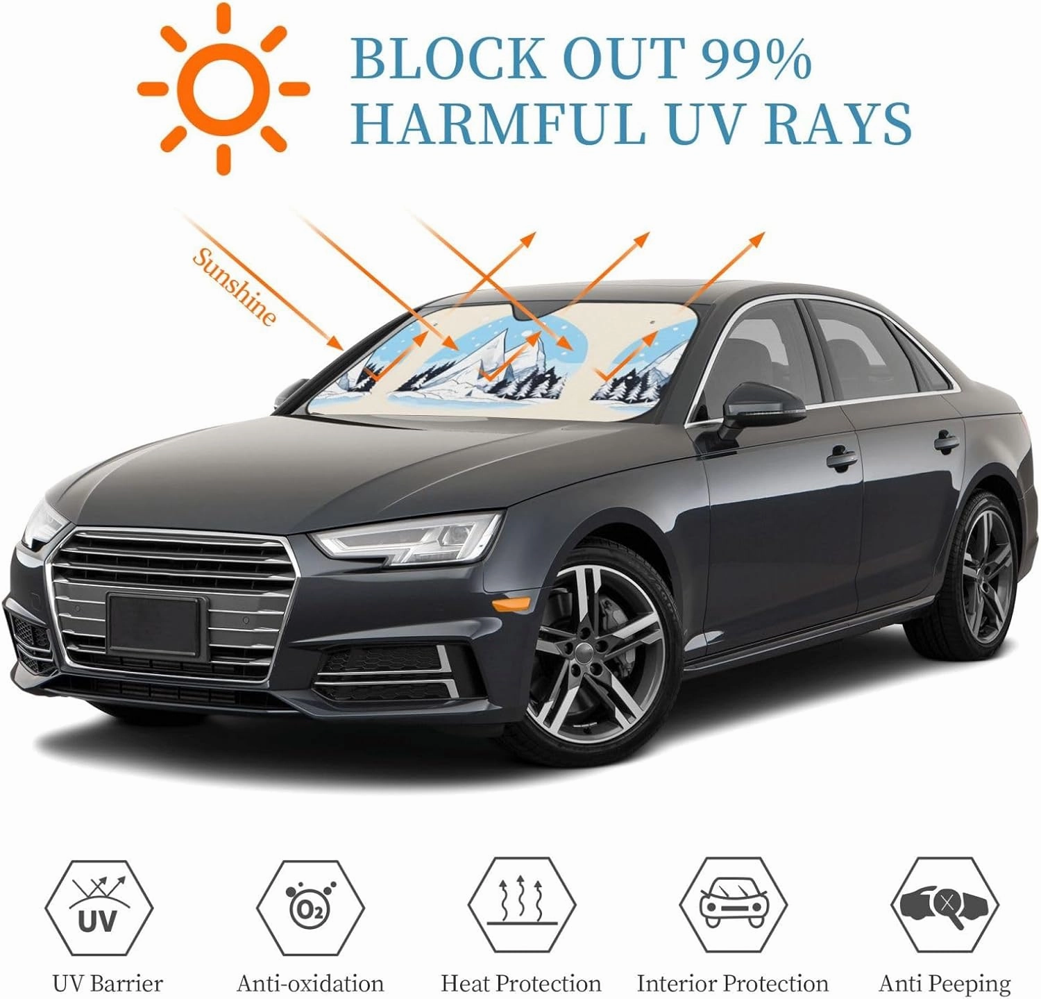 Snow-Capped Mountains Print Car Windshield Sun Shade, Vehicle Front Window Shield Cover Sun Visor Protection