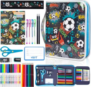 Soccer Markers Set with Glitter Pencil Case & Stationery, Art Supplies for Kids Ages 4-6-8, Arts Crafts Travel Coloring Kit for Boys 4 5 6 7 8 Year Old Birthday Gifts