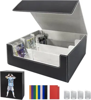 Soccer Trading Card Box - 2400  Card Storage Box with 4 Supporters & 10 Colorful Dividers for Sports Soccer Cards,Waterproof Leather Deck Case Fit Toploaders Magnetic Holder