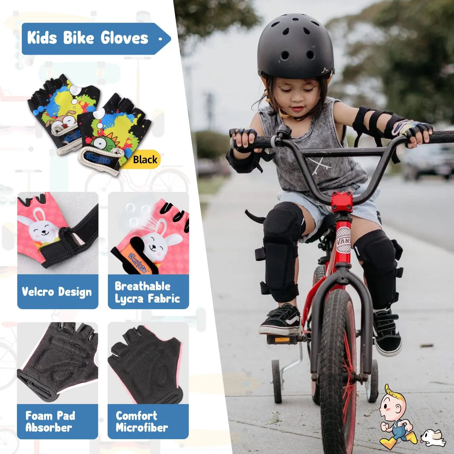 Soft-Style Kids Knee and Elbow Pads with Bike Gloves, Flexible Impact-Resistant Gear for Ages 2-11, Designed for Balance Bikes, Roller-Skating, and Skateboarding
