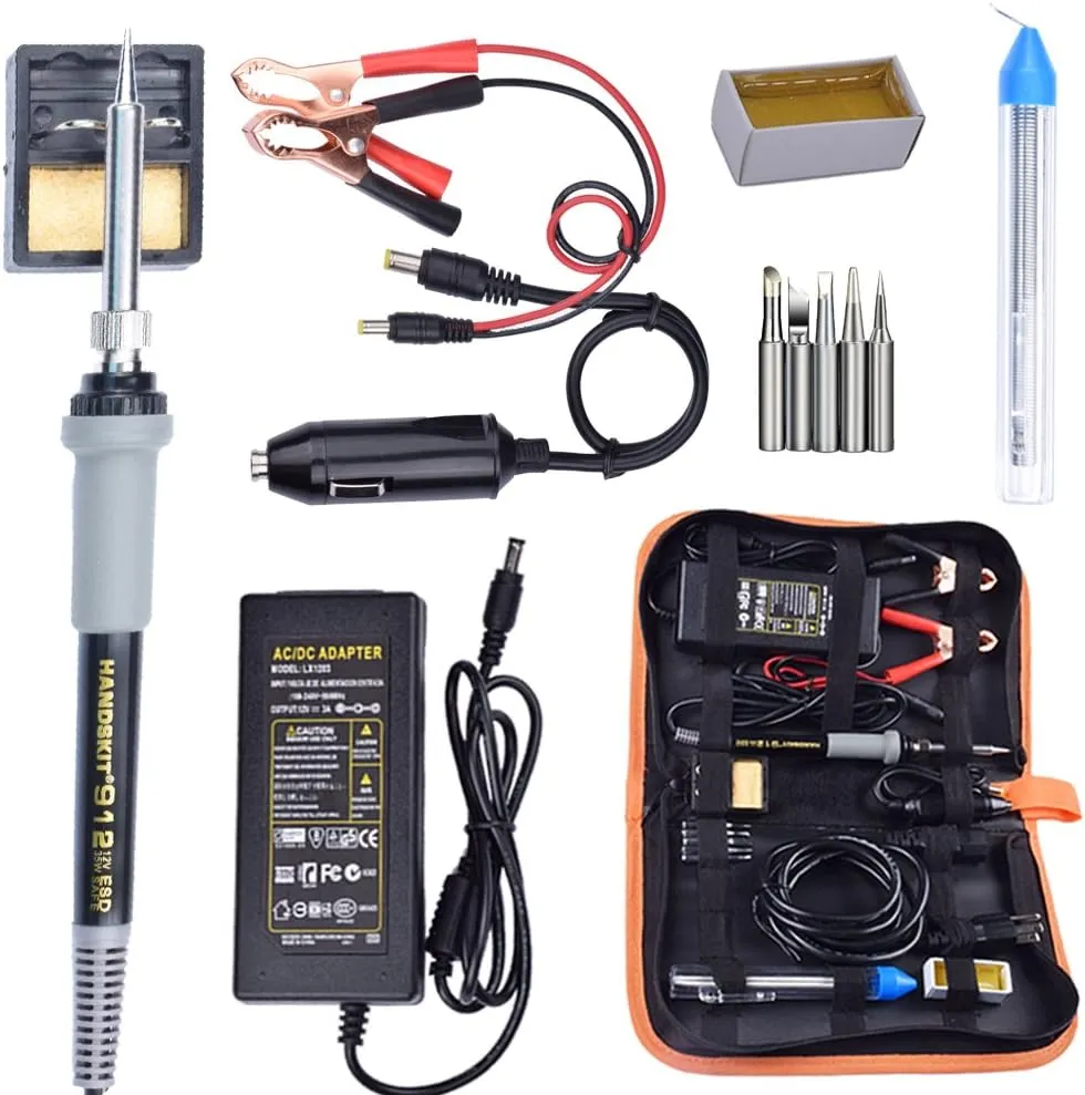 Soldering Iron, Soldering Iron Kit, 35W Adjustable Temperature Welding Tool, 5pcs Solder Soldering Iron Tip, with Car Battery Charger, AC/DC Adapter 110-240V/12V 3A, PU Carry Bag