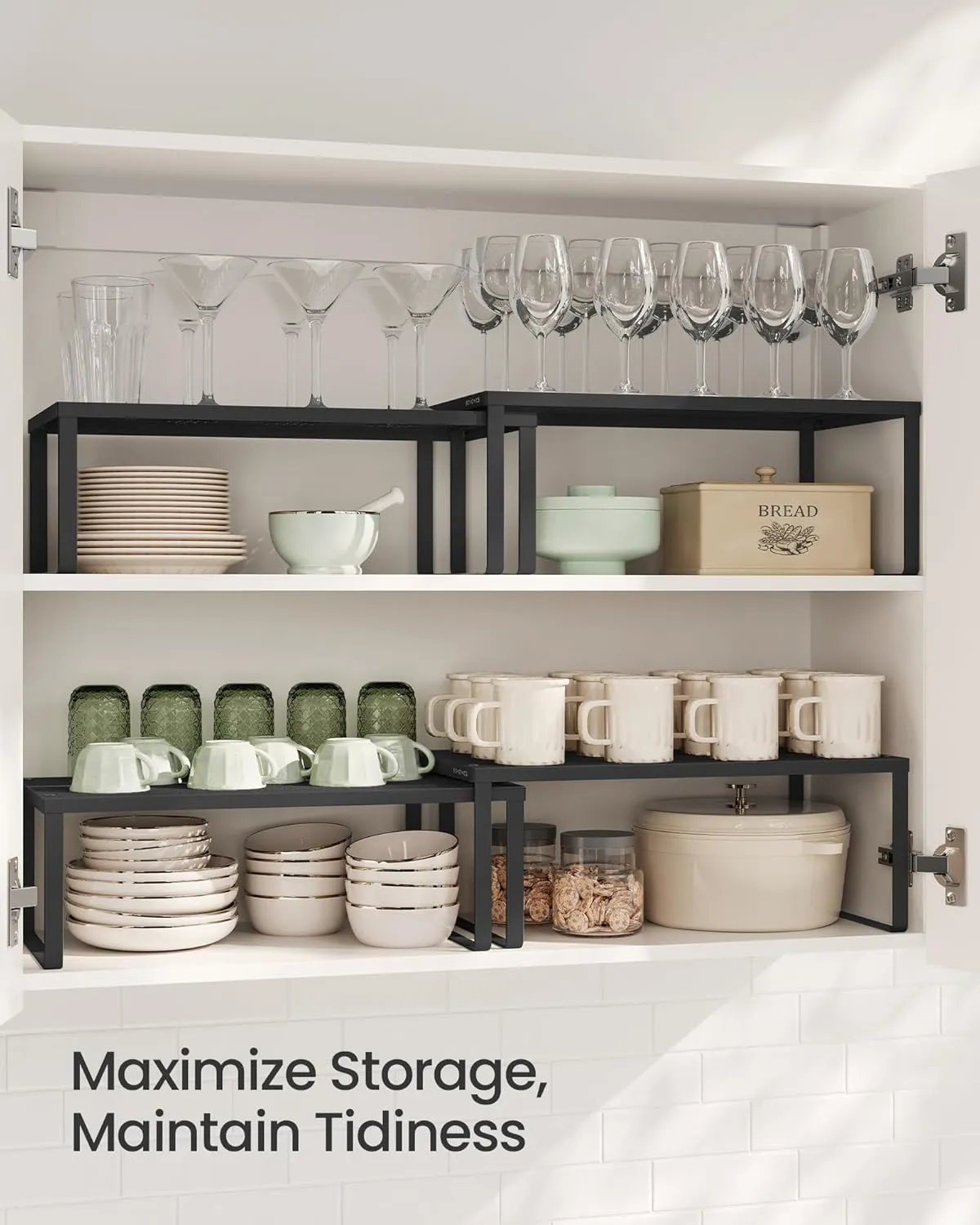 SONGMICS Spice Racks, Set of 2 Metal Cabinet Shelf Organizers, Countertop Organizers, Shelf Risers, Stackable, Expandable, Ink Black UKCS401B01
