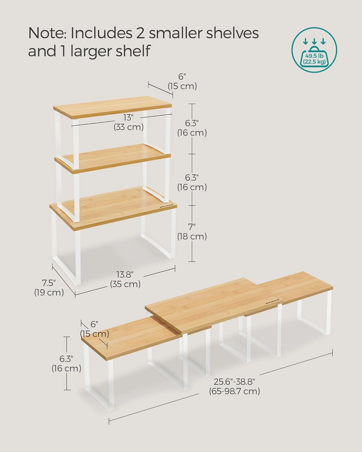 SONGMICS Cabinet Organizer Shelf, Set of 3 Kitchen Counter Shelves, Kitchen Storage, Spice Rack, Stackable, Expandable, Cloud White and Natural Beige UKCS014W01