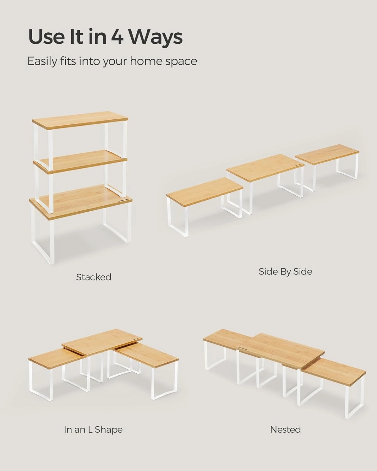 SONGMICS Cabinet Organizer Shelf, Set of 3 Kitchen Counter Shelves, Kitchen Storage, Spice Rack, Stackable, Expandable, Cloud White and Natural Beige UKCS014W01