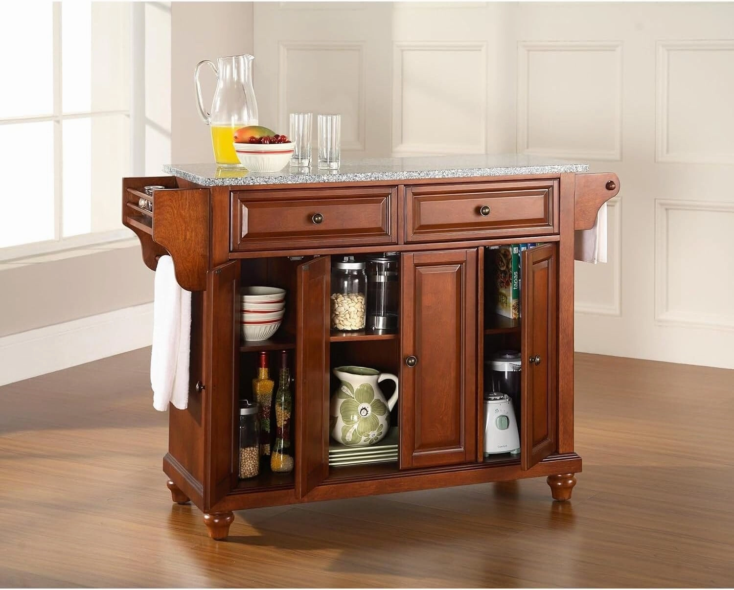 Sophisticated Simplicity Full Size Kitchen Island with Spacious Countertop, Portable Design, Modern Kitchen Furniture, Convenient Storage Drawers Cherry/Gray Granite Top