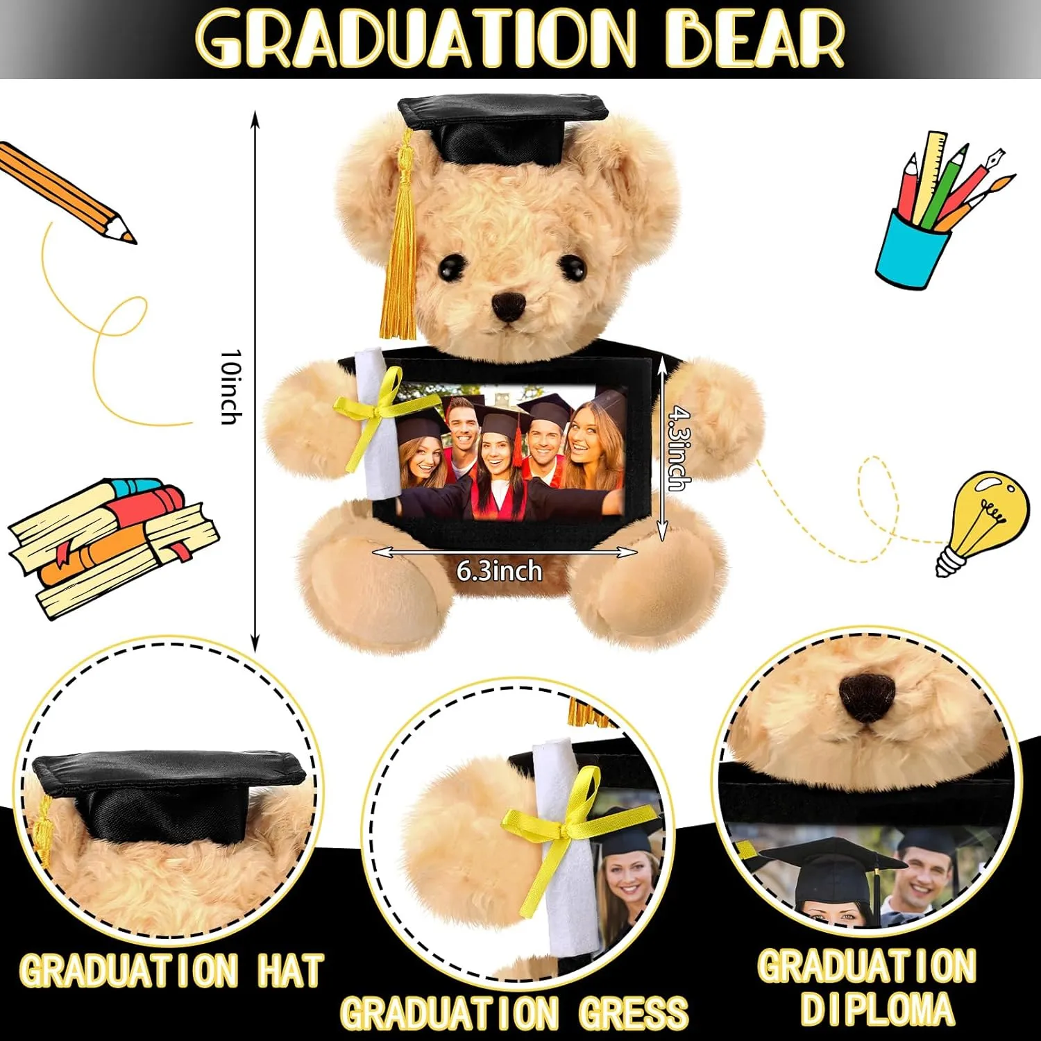 Sotiff 10'' 2025 Graduation Plush Bear with Picture Frame for 4 x 6'' Photo Graduation Gifts Stuffed Bear for Kids Granddaughter Son Girls Boys Preschool Kindergarten Students(Brown, Black)
