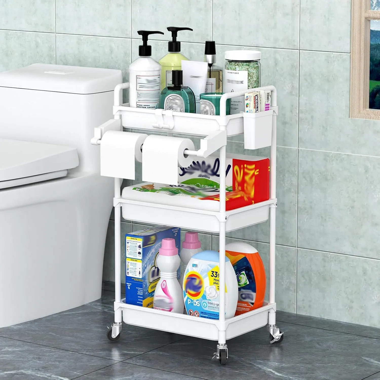SPACEKEEPER Rolling Storage Cart, 3 Tier Utility Cart Laundry Room Organization Mobile Shelving Unit Bathroom Organizer with Towel Rack, Lockable Wheel, Hooks & Cup for Kitchen Office, White