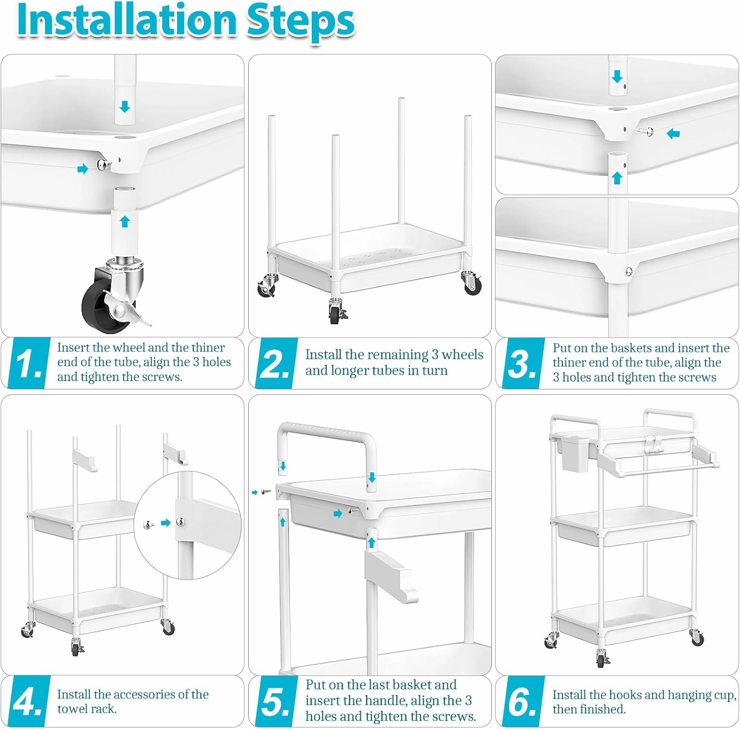 SPACEKEEPER Rolling Storage Cart, 3 Tier Utility Cart Laundry Room Organization Mobile Shelving Unit Bathroom Organizer with Towel Rack, Lockable Wheel, Hooks & Cup for Kitchen Office, White