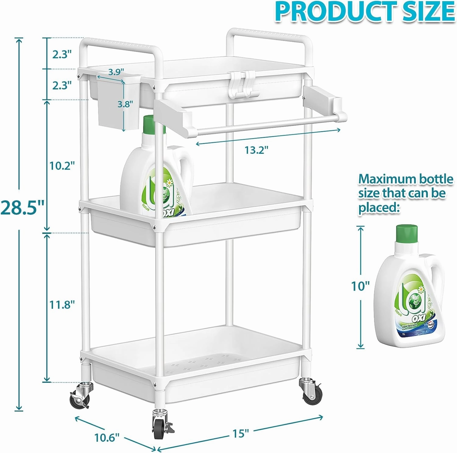 SPACEKEEPER Rolling Storage Cart, 3 Tier Utility Cart Laundry Room Organization Mobile Shelving Unit Bathroom Organizer with Towel Rack, Lockable Wheel, Hooks & Cup for Kitchen Office, White
