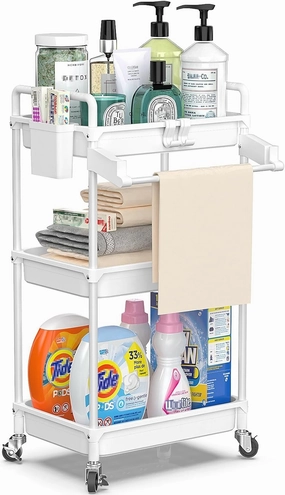 SPACEKEEPER Rolling Storage Cart, 3 Tier Utility Cart Laundry Room Organization Mobile Shelving Unit Bathroom Organizer with Towel Rack, Lockable Wheel, Hooks & Cup for Kitchen Office, White