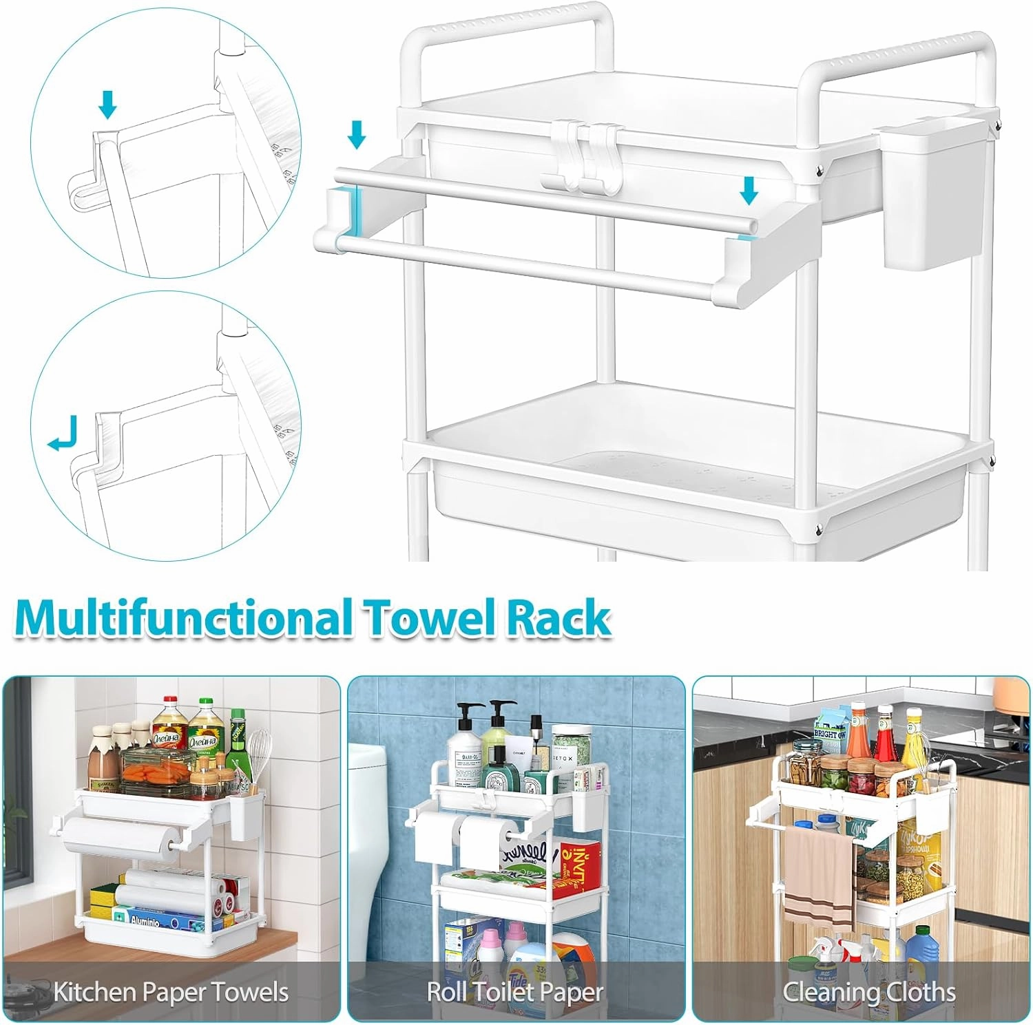 SPACEKEEPER Rolling Storage Cart, 3 Tier Utility Cart Laundry Room Organization Mobile Shelving Unit Bathroom Organizer with Towel Rack, Lockable Wheel, Hooks & Cup for Kitchen Office, White